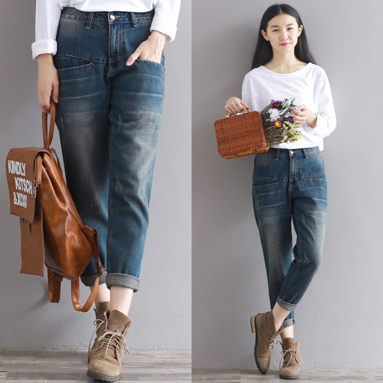 Art Big Size size washed jeans Jeans Grip loose fashion Roof pants women make old small feet denim Harun long pants down