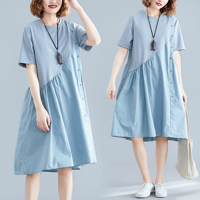 Kích thước lớn của phụ nữ mùa hè béo chị gái không đều khâu màu tương phản váy mỏng và kiểu phương tây váy ngắn tay ngắn - A-Line Váy