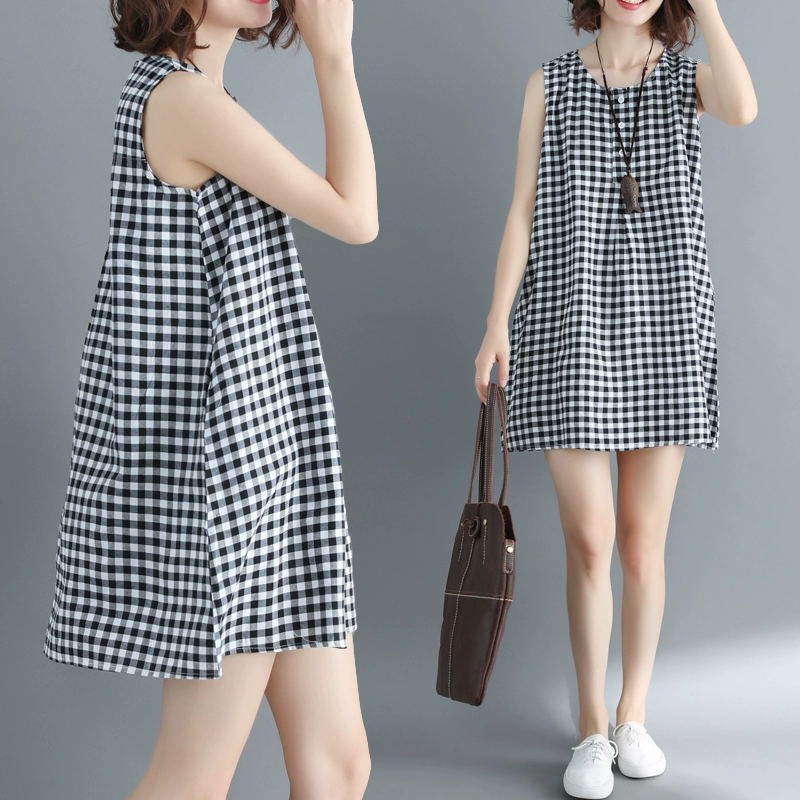Váy vest nữ không tay kẻ sọc đen trắng hè 2019 phiên bản mới hàn quốc dáng suông rộng học sinh là váy một đường mỏng - A-Line Váy