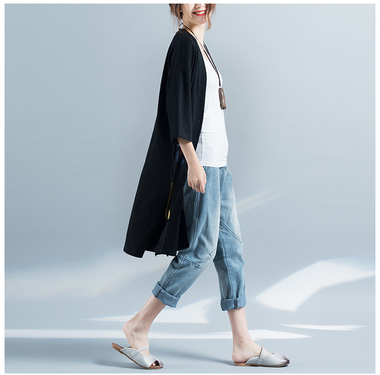 2018 mùa thu phong cách mới nghệ thuật retro loose đoạn dài bảy điểm tay áo in ấn kích thước lớn của phụ nữ áo len cardigan coat áo nỉ dáng dài