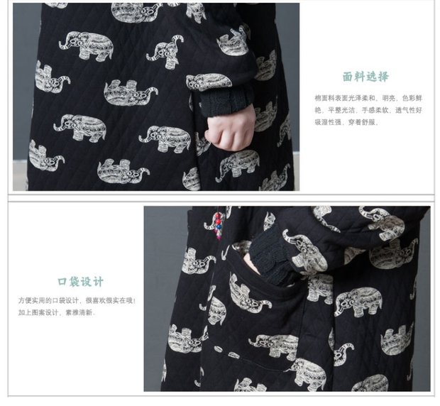 Cao cổ áo nữ 2017 mùa thu và mùa đông nghệ thuật mới bông cotton in hoang dã lỏng kích thước lớn phần dài Một từ váy váy chữ a dài
