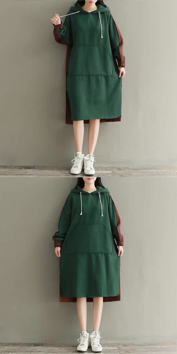 Mùa xuân phong cách mới kích thước lớn cotton dày tương phản màu khâu tay áo dài lỏng lẻo trong phần dài của áo len trùm đầu thủy triều áo khoác nữ hàng hiệu