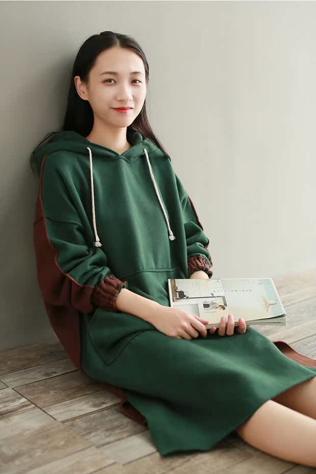 Mùa xuân phong cách mới kích thước lớn cotton dày tương phản màu khâu tay áo dài lỏng lẻo trong phần dài của áo len trùm đầu thủy triều áo khoác nữ hàng hiệu