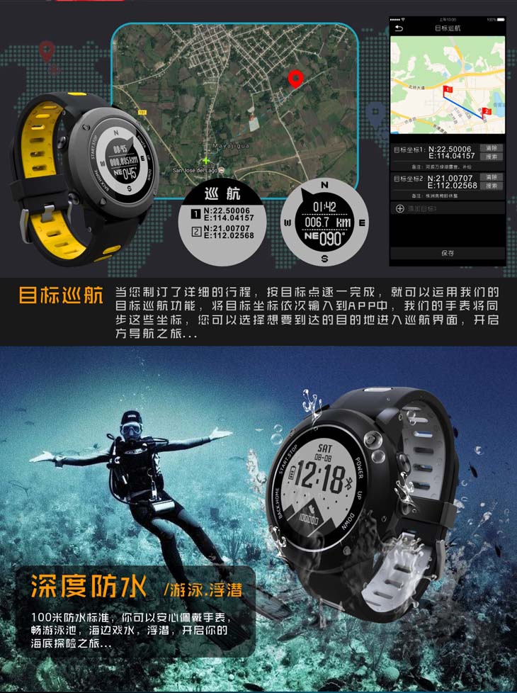 Ngoài trời định vị GPS la bàn đi bộ đường dài snorkeling bàn bơi chức năng thể thao theo dõi nhịp tim bước xem - Giao tiếp / Điều hướng / Đồng hồ ngoài trời dong ho dep