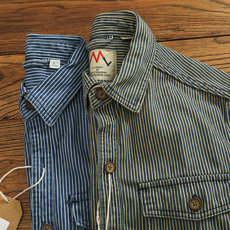 Ame-Kaji Workwear Shirt for Men 2026 Spring and Autumn Heavy Cotton Striped Japanese Retro Style Long-Sleeve Denim Shirt