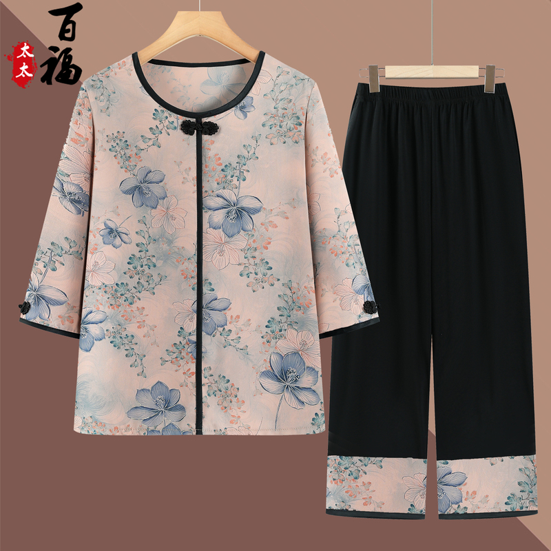 Summer Clothing for Middle-Aged and Elderly Women, Loose-Fitting Grandma Outfit Set, Fashionable Two-Piece Set for 60-70 Year Old Moms and Elderly Ladies