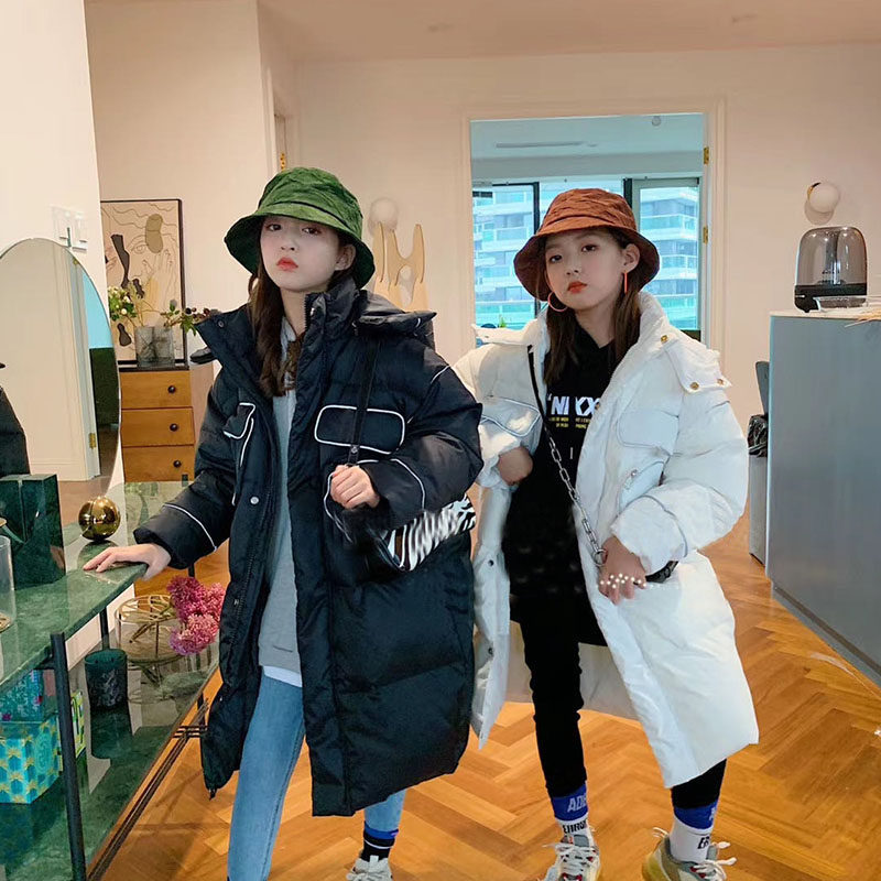 Girl's down jacket over kneecap child jacket with long version 2020 winter dress new male and female CUHK Reflective Strips Foreign Pie