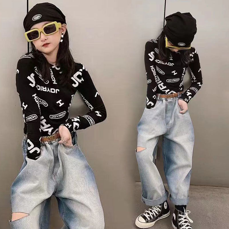 Girl Long Sleeve Sashimi Elastic T-shirt 2021 Autumn Dress New Korean Version Children Alphabet Beat Bottom Shirt 100 Hitch Cool Blouse