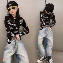 Girl Long Sleeve Sashimi Elastic T-shirt 2021 Autumn Dress New Korean Version Children Alphabet Beat Bottom Shirt 100 Hitch Cool Blouse