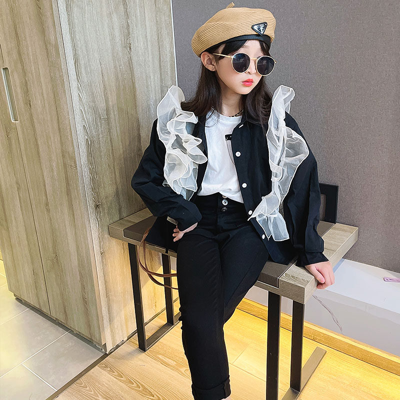 Girl Fashion Jacket Foreign Pie 2021 Autumn Fashion New Korean version CUHK Tong Black Dark Black Yarn Side Shirt Design Sensation