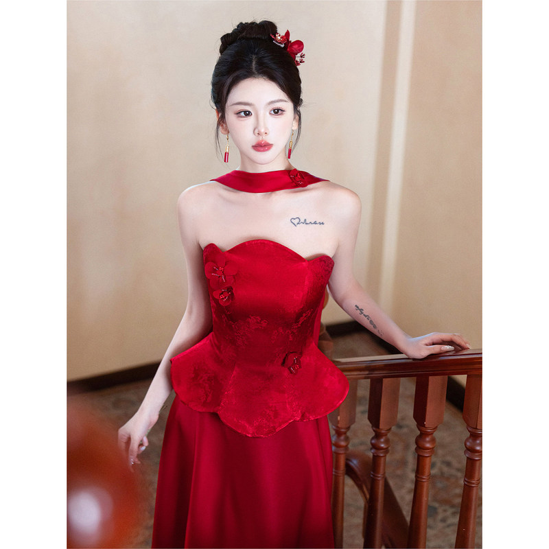 Strapless Engagement Dress for Women, Light Luxury, Niche, High-End, New Chinese Style, Red Toast Dress, Bride's Wedding Banquet Casual Wear, Morning Gown