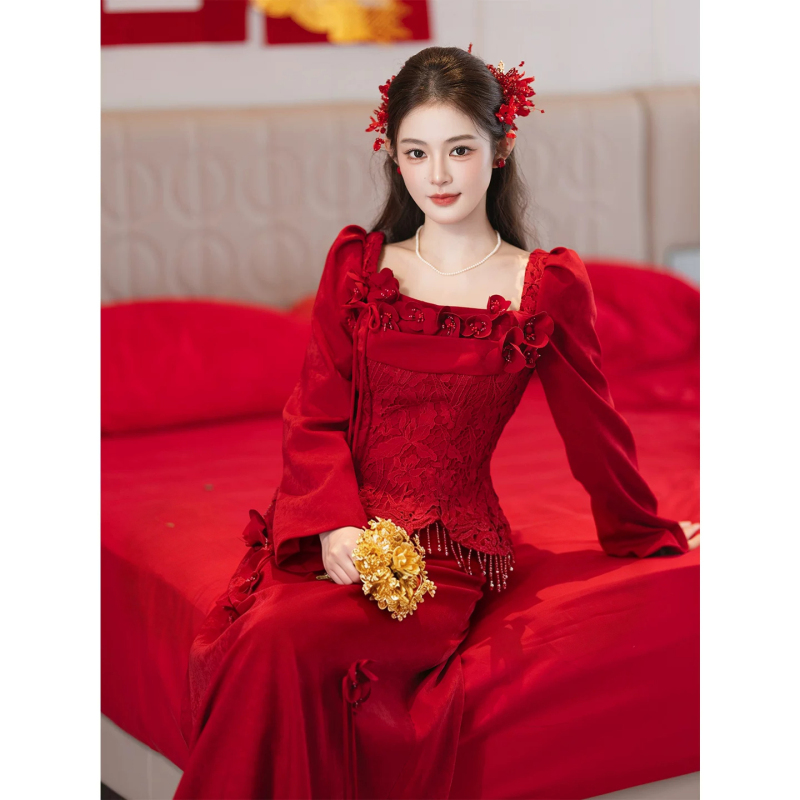 Bride's Toast Dress 2026 New Style Burgundy Engagement Dress, Casual and Elegant Attire for the Wedding Party, Suitable for Petite Figures, Morning Robe Bride's Toast Dress 2026 New Style Burgundy Engagement Dress, Casual and Elegant Attire for the Wedding Party, Suitable for Petite Figures, Morning Robe