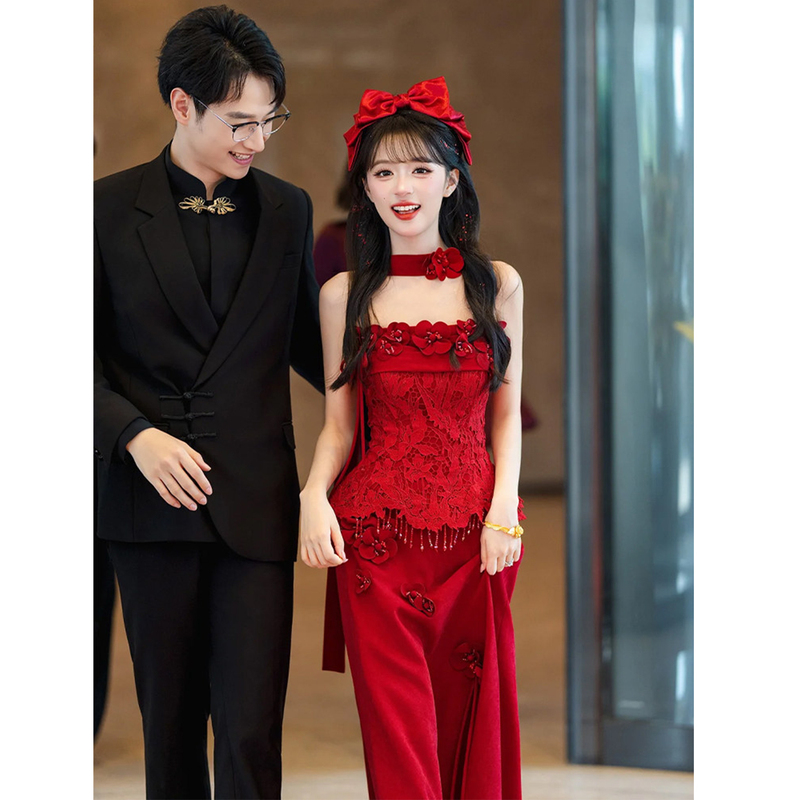 2026 New Model Bride's Red Strapless Robe in New Chinese Style, Stunning Engagement Dress for Petite Women, Perfect for the Post-Wedding Banquet 2026 New Model Bride's Red Strapless Robe in New Chinese Style, Stunning Engagement Dress for Petite Women, Perfect for the Post-Wedding Banquet