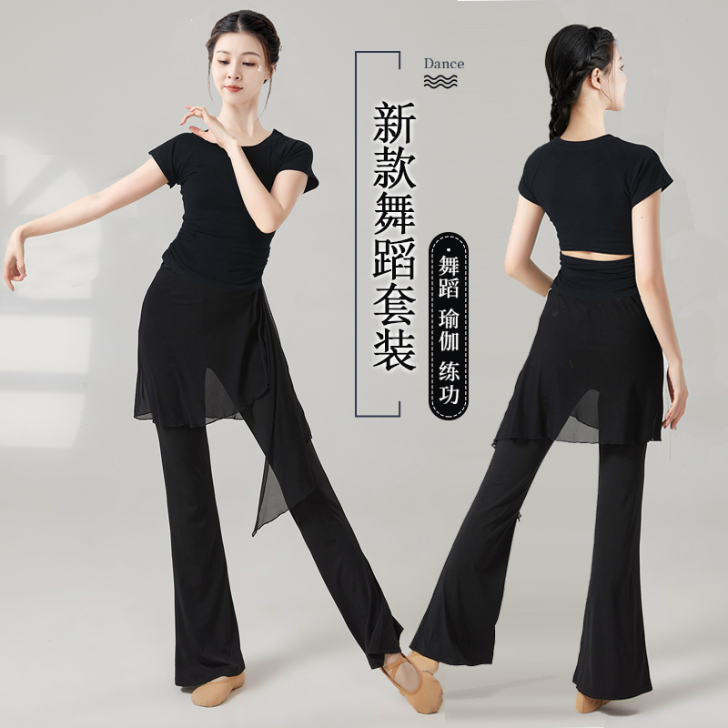Black Short-Sleeved Dance Practice Clothes for Women, New Style Classical Dance Modern Dance Tops, Fake Two-Piece Dance Skirt Pants Black Short-Sleeved Dance Practice Clothes for Women, New Style Classical Dance Modern Dance Tops, Fake Two-Piece Dance Skirt Pants