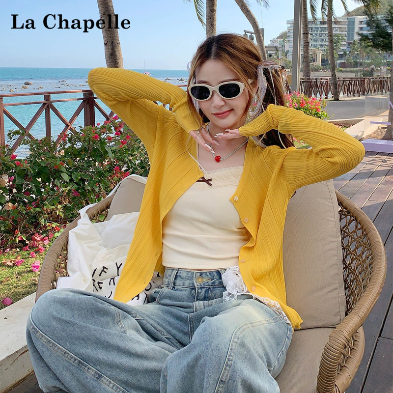 La Chapelle Thin Cardigan with Suspenders for Women, Spring 2026 New Yellow Top, Very Stylish Sun Protection Jacket