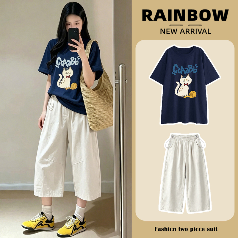 Maternity Set for Summer 2026, Thin and Casual Style, Versatile Navy Blue Short-Sleeve T-Shirt and Casual Cropped Pants for Commuting