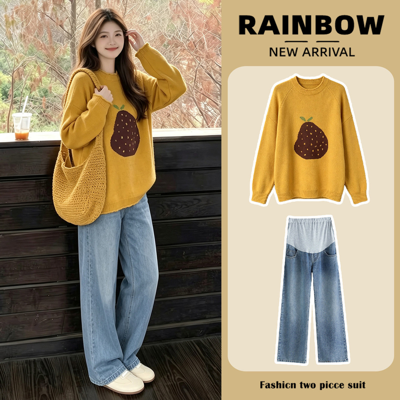 Maternity Suit, New Spring and Autumn Style, Elegant Sweater, Casual Jeans, Outfit for Pregnancy Check-Up, Autumn and Winter Check-Up Two-Piece Set
