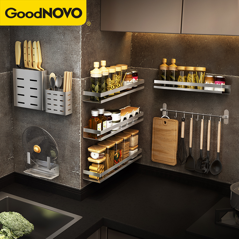 Stainless steel kitchen rack free punching wall-mounted hardware pendant seasoning supplies chopsticks knife storage shelf