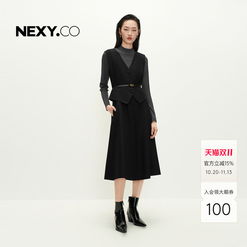 Nexy.Co/Naike Mall Same Style 2025 Autumn New Faux Two-Piece Waist-Cinching Tank Dress French-Style Dress