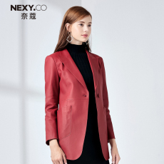 Кожаная куртка nexy.co/奈蔻红色皮衣外套女中长款秋冬新款修身气质小西装外套女