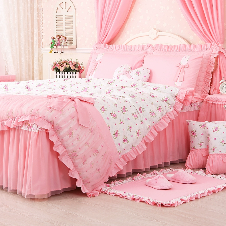 Váy ngủ màu hồng bốn mảnh công chúa cưới phong cách cotton bed quilt quilt đám cưới bộ đồ ba mảnh phù hợp với 1,5m - Bộ đồ giường bốn mảnh