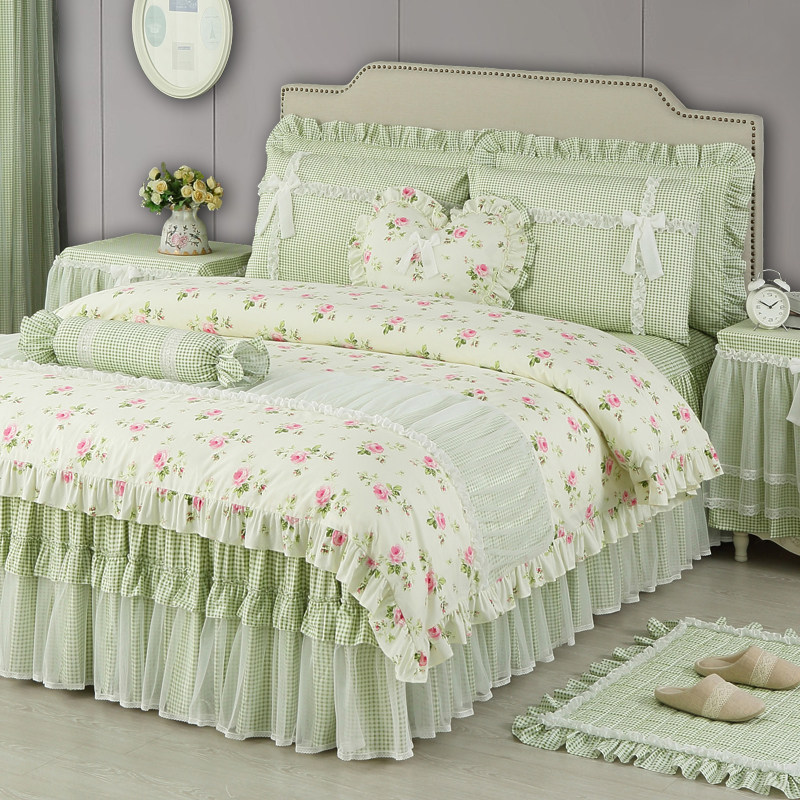 Clever life floral four-piece set pure cotton cotton small fresh green quilt cover bed skirt bed cover Child girl princess