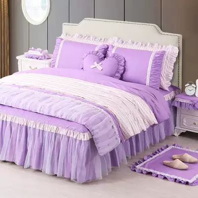 Smart life purple cotton four-piece bed skirt bed sheets cotton quilt cover lace floral princess style bedding