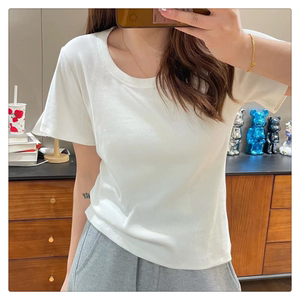 Large size u-neck short-sleeved t-shirt women's summer slightly fat mm thin simple all-match white half-sleeved front shoulder top bottoming shirt