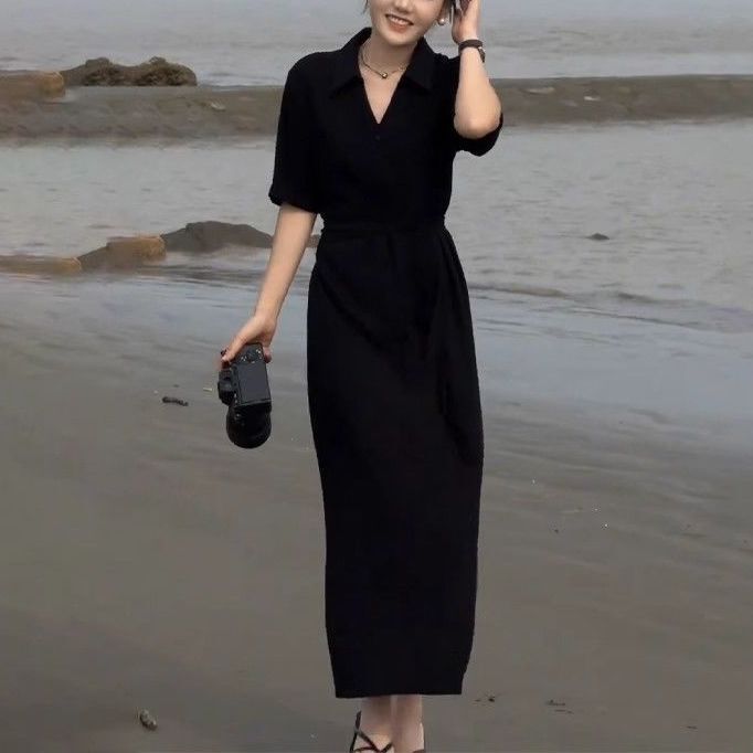 Black Shirt Dress for Women Summer French High-End Slit Skirt Casual Loose Slimming Look Hepburn Style Little Black Dress