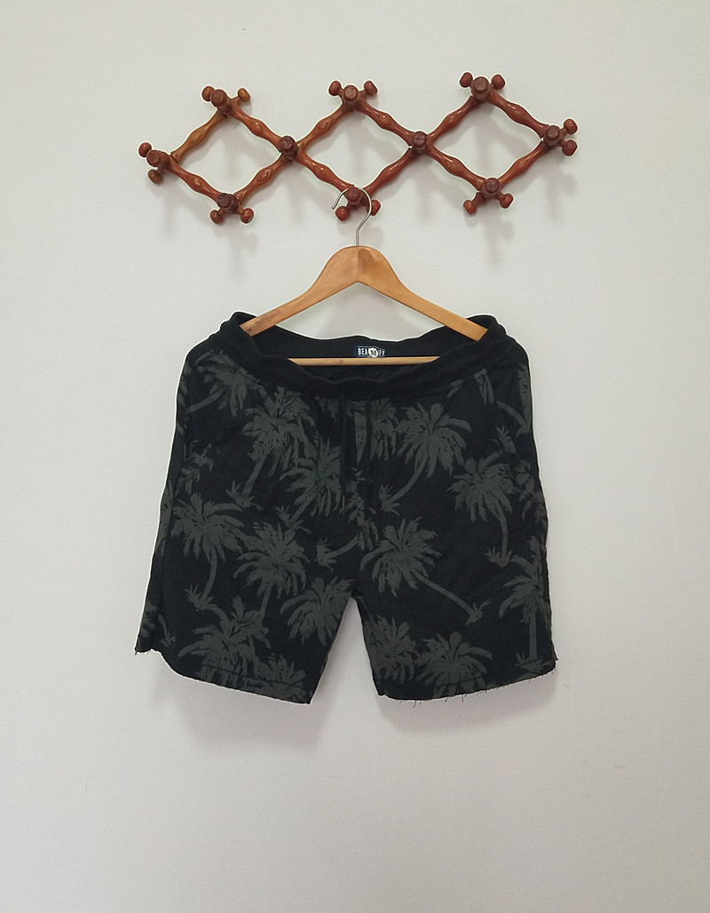 Foreign trade original single European and American black and gray new coconut tree pattern beach pants Drawstring elastic lace terry knitted shorts