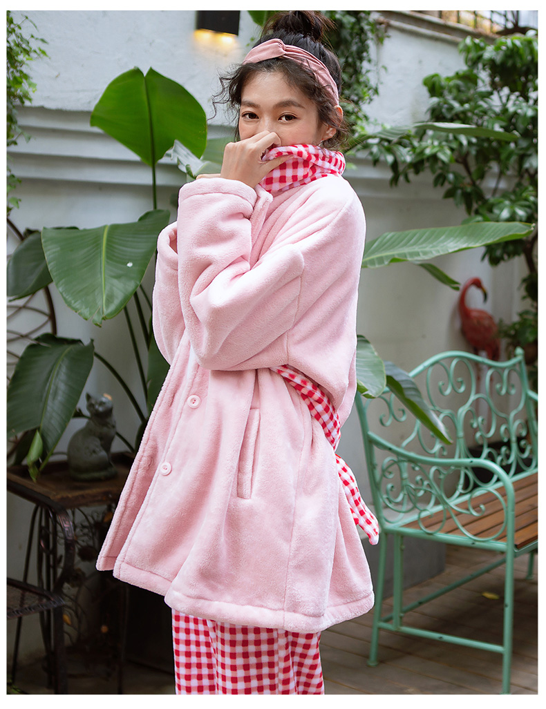 [Fold] mùa đông san hô nhung nữ đồ ngủ dày đơn giản lưới nhà quần áo ấm flannel dịch vụ nhà phù hợp quần áo ngủ nữ