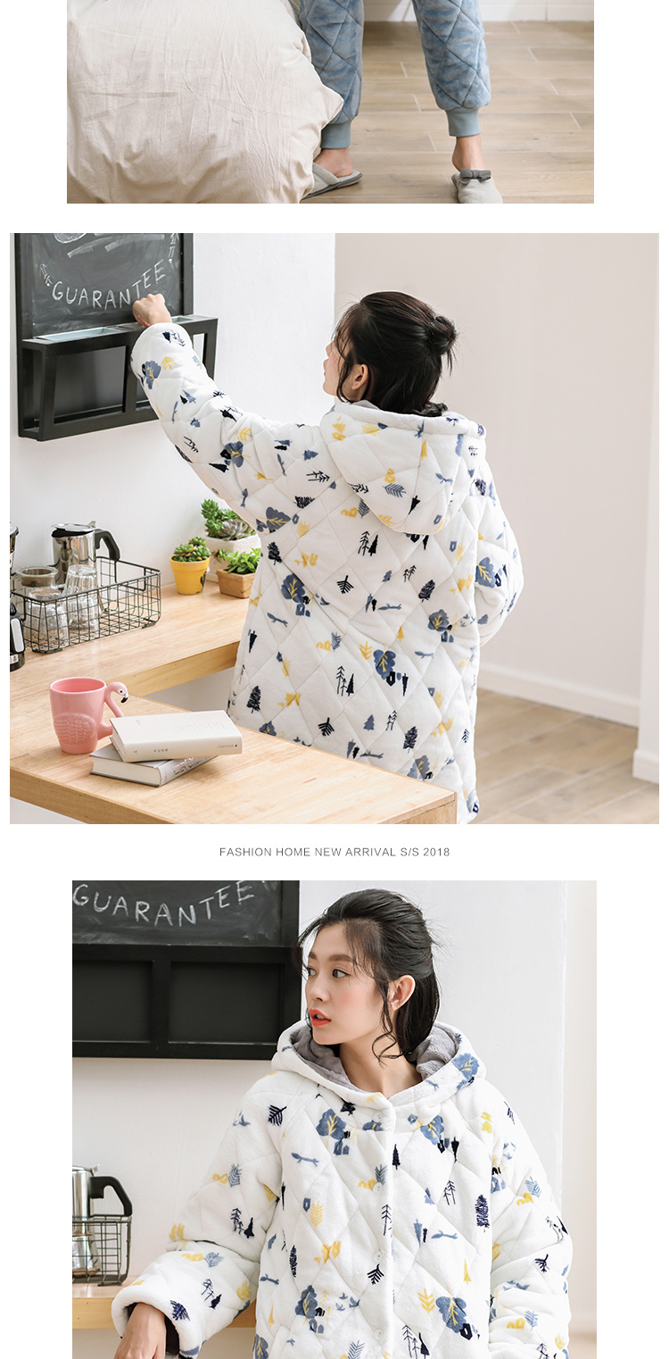 Dễ thương mùa đông phụ nữ dày ba lớp lông cừu san hô bộ đồ ngủ quilted phiên bản Hàn Quốc của áo khoác ấm áp áo khoác cotton phù hợp với nhà đồ bộ dài tay mặc nhà