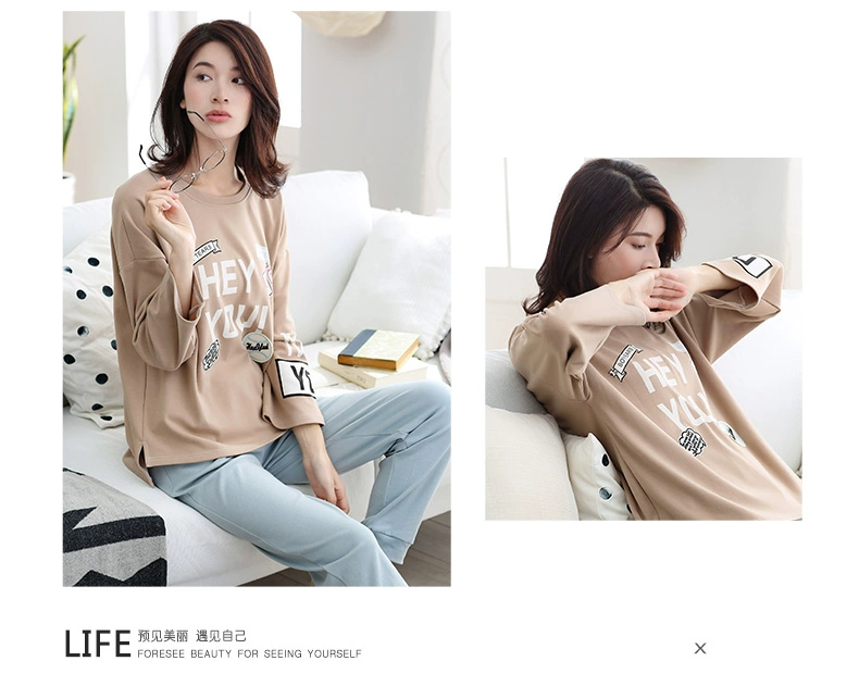 Có thể là người đàn ông giản dị và phụ nữ đồ ngủ cotton dài tay mùa xuân và mùa thu mới thời trang vài nhà dịch vụ bông phù hợp với đồ bộ nữ