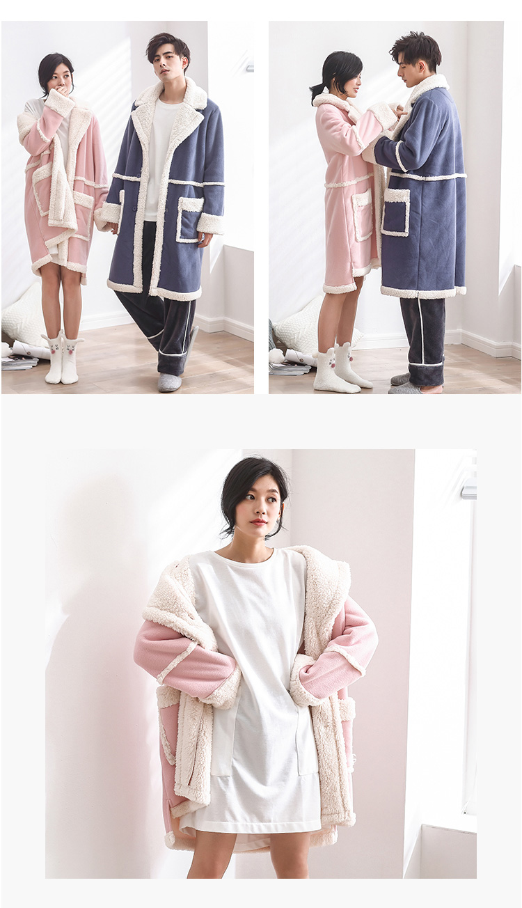 [Fold] Bộ đồ ngủ đôi mùa đông dày lông cừu áo choàng dài tay phục vụ nhà nữ phiên bản Hàn Quốc của áo choàng tắm bằng vải cotton ấm áp bộ đồ ngủ 2 dây