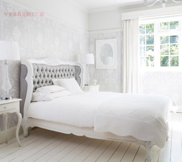 French antique and old carved white velvet interior soft bed model house villa furniture can be customized