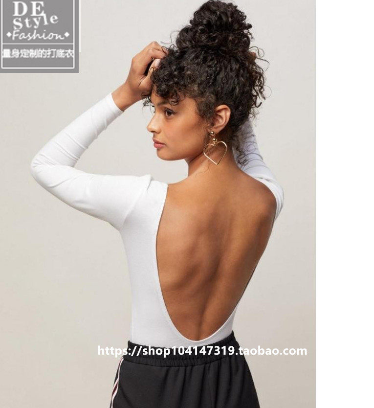 Ballet Dancing Leakage Back Practice Nude Color U Collar Long Sleeve Tight Fit Pure Cotton Big Size T-shirt Sexy to Wear Big Round Collar