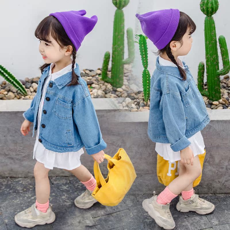 2020 mới cô gái mùa xuân denim jacket nhạc nữ Hàn Quốc phiên bản của thời trang lỏng lẻo túi denim váy trẻ em.