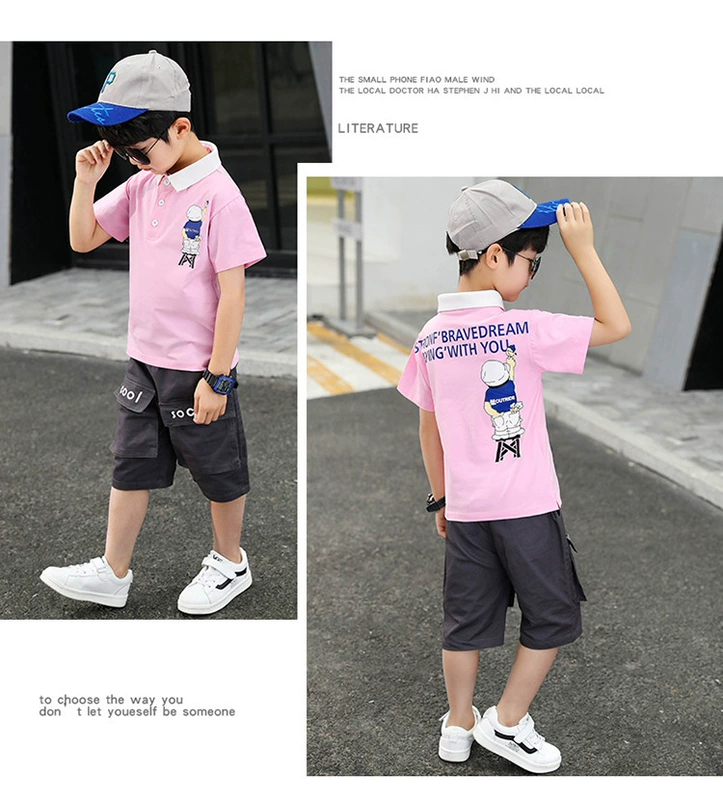 Quần áo trẻ em năm 2020 quần áo mùa hè mới Cậu bé Hàn Quốc bộ đồ hai mảnh, cậu bé lớn mùa hè đẹp trai áo sơ mi cổ áo tay ngắn xu hướng phù hợp - Áo sơ mi