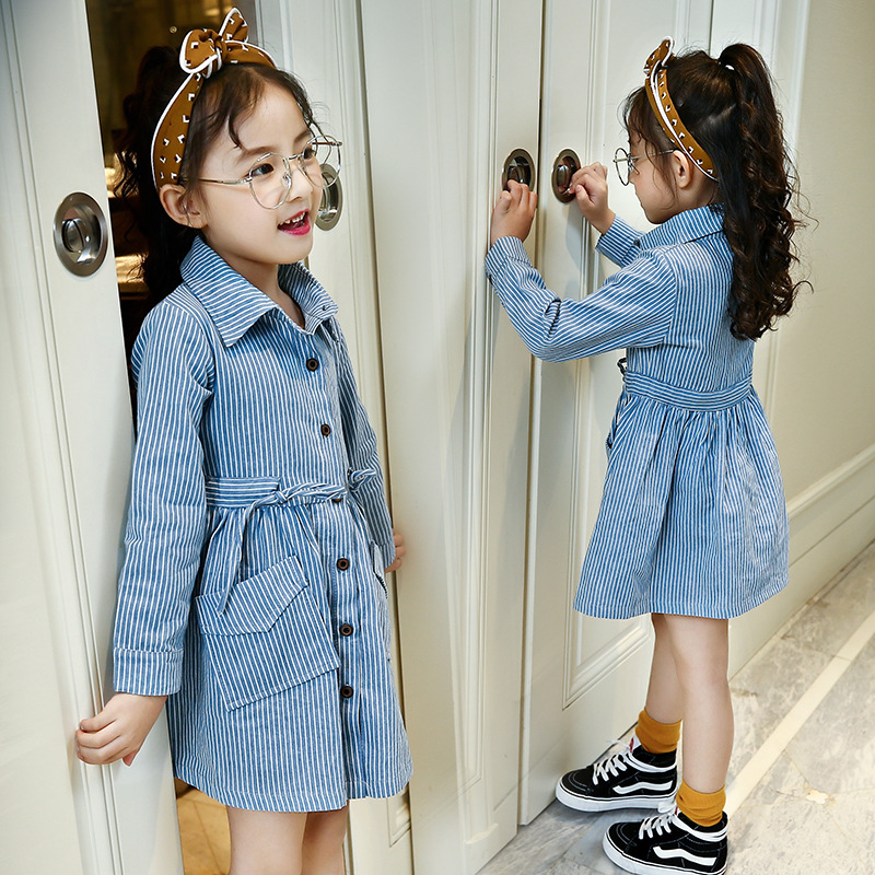 2020 mùa xuân ăn mặc thời trang mới Wash Hàn Quốc áo sơ mi denim váy cô gái có kích thước dài tay eo sọc cardigan.