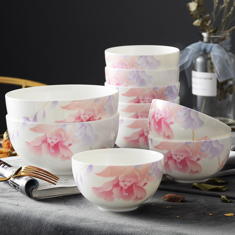 Huaguang National Porcelain Bone China Rice Bowl Tableware Set, 8 Rice Bowls, 2 Noodle Bowls, Chinese Style 10-Piece Bowl Set with Underglaze Color