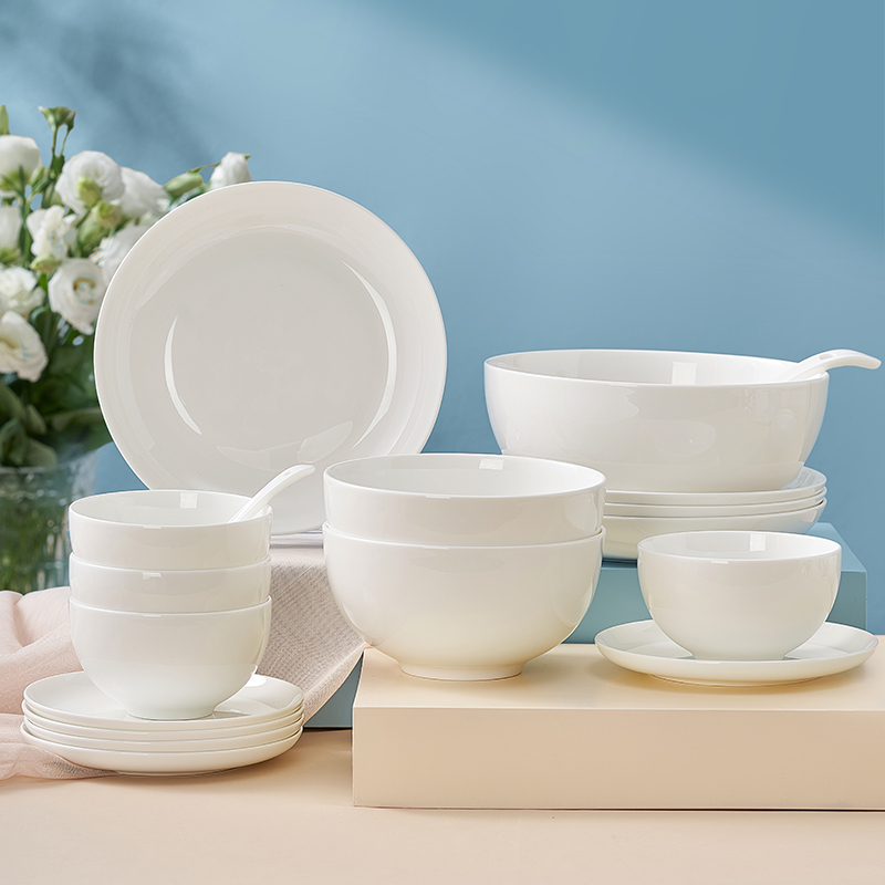 Huaguang National Porcelain Pure White Antibacterial Bone China Dinnerware Set for 4-6 People, Simple Pure White Porcelain Household Bowl and Plate Dinnerware Set