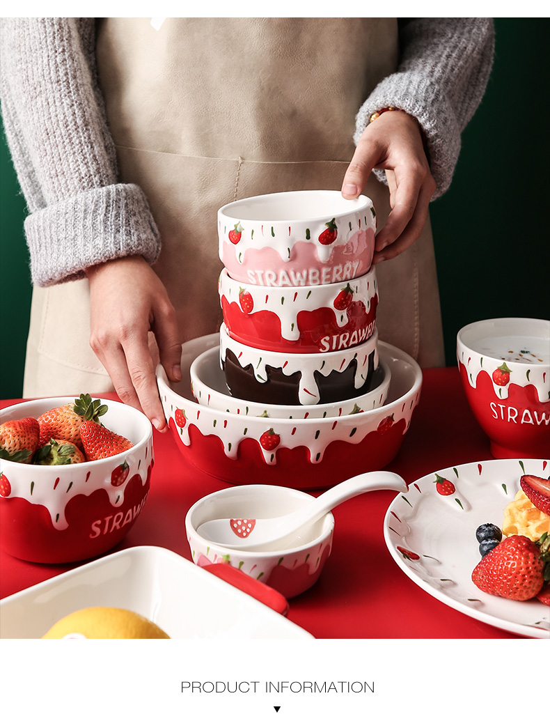 Lovely ceramic bowl of strawberry household utensils fruit salad bowl of oatmeal for breakfast bowl noodles bowl bowl eat a single