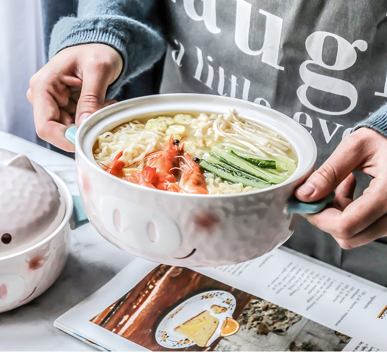 Pig mercifully rainbow such always express cartoon young girl heart bowl of creative students dormitory ears with cover ceramic li riceses leave