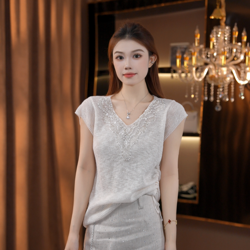 Broken Diamond Cloud Yarn ~ 26 Spring/Summer Gentle Style High-End Handmade Rhinestone-Embellished Knitted Short Sleeves Broken Diamond Cloud Yarn ~ 26 Spring/Summer Gentle Style High-End Handmade Rhinestone-Embellished Knitted Short Sleeves