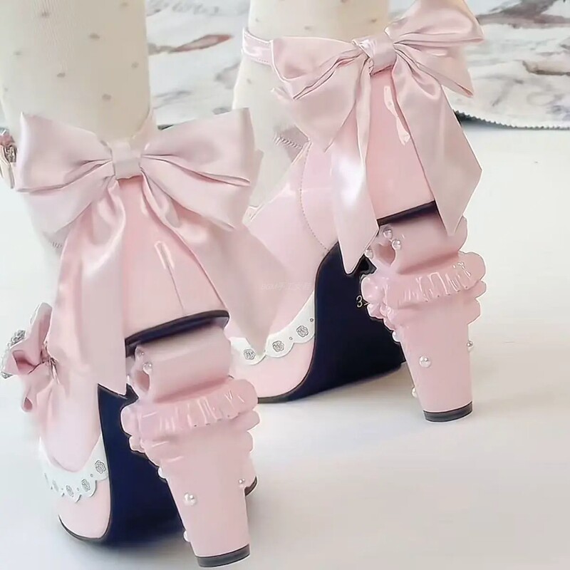 Original Lolita Shoes with Sweet Pink Bow, Special-Shaped Heels, Large Size, High-Heeled Mary Jane Shoes for Coming-Of-Age Ceremony Original Lolita Shoes with Sweet Pink Bow, Special-Shaped Heels, Large Size, High-Heeled Mary Jane Shoes for Coming-Of-Age Ceremony