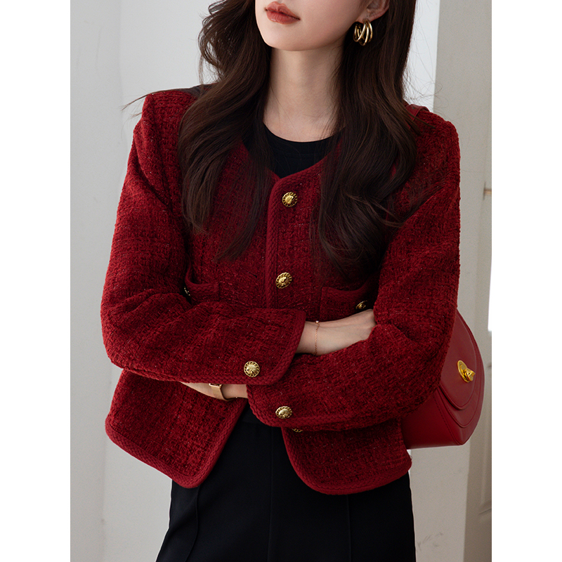 Small fragrant wind down clothes liner Women's winter 2023 new high-end French style coarse flowers blouses red wool jacket-Taobao