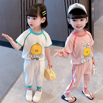 Girls Summer Sports Suit 2022 New Childrens Clothing Short Sleeves T Nets Red Baby Casual Anti-mosquito Pants Two Sets