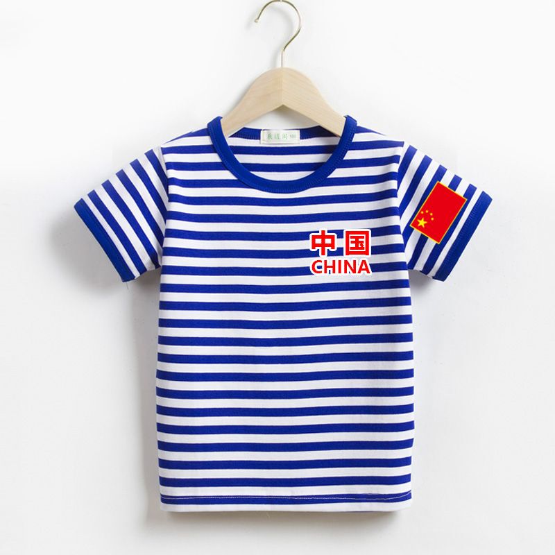 National Trend Sailor Shirt Short-Sleeve Pure Cotton Parent-Child Outfit Navy Striped T-Shirt Baby Kindergarten Uniform Children's Day Performance Costume