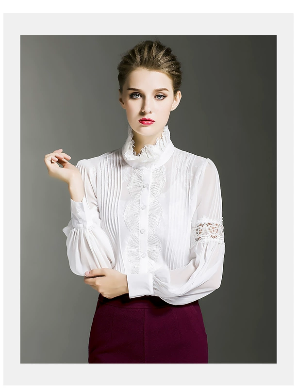 Kích thước lớn chất béo mm Đèn lồng tay openwork ren voan áo sơ mi nữ dài tay bằng gỗ cổ áo sơ mi mùa xuân và mùa thu sơ mi cách điệu