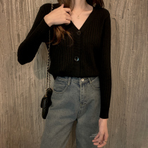 V-neck black short cardigan long sleeve sweater small coat Womens Spring and Autumn New French knitwear shirt top